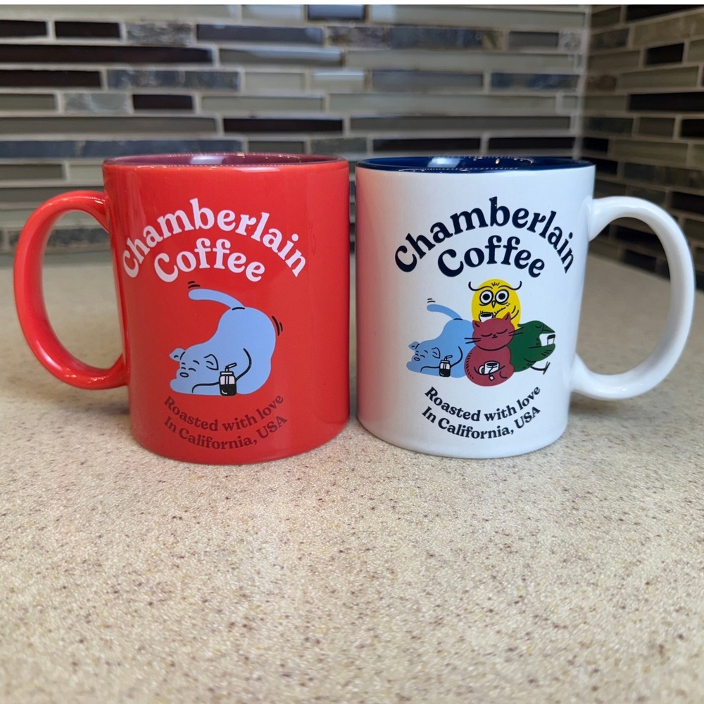 Chamberlain Coffee Mug Set‎ Red Lazy Cat & White Mascot Ceramic Coffee Cups 2pc